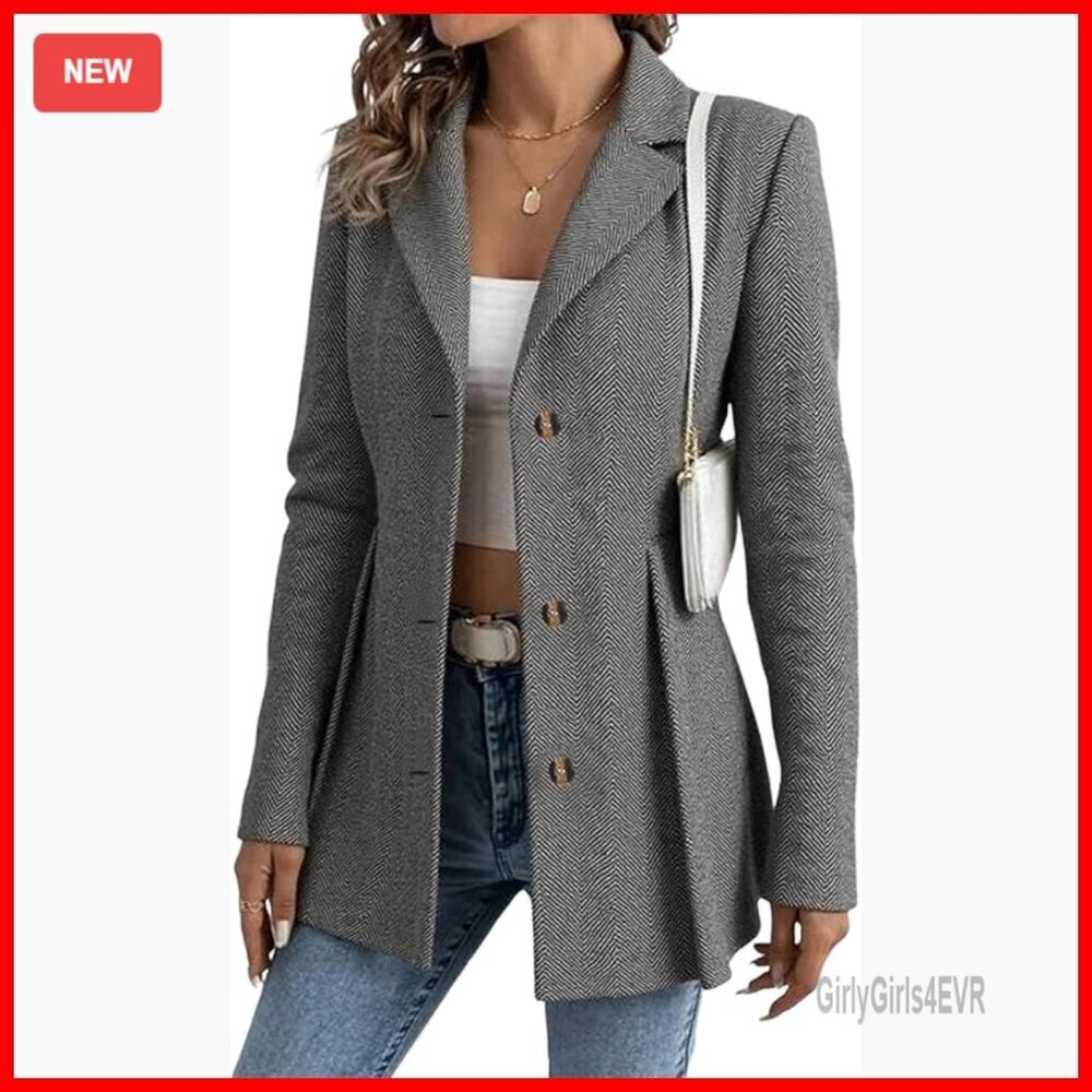 Lightweight Tweed Blazer Office Suit Jacket Open Front Long Sleeve